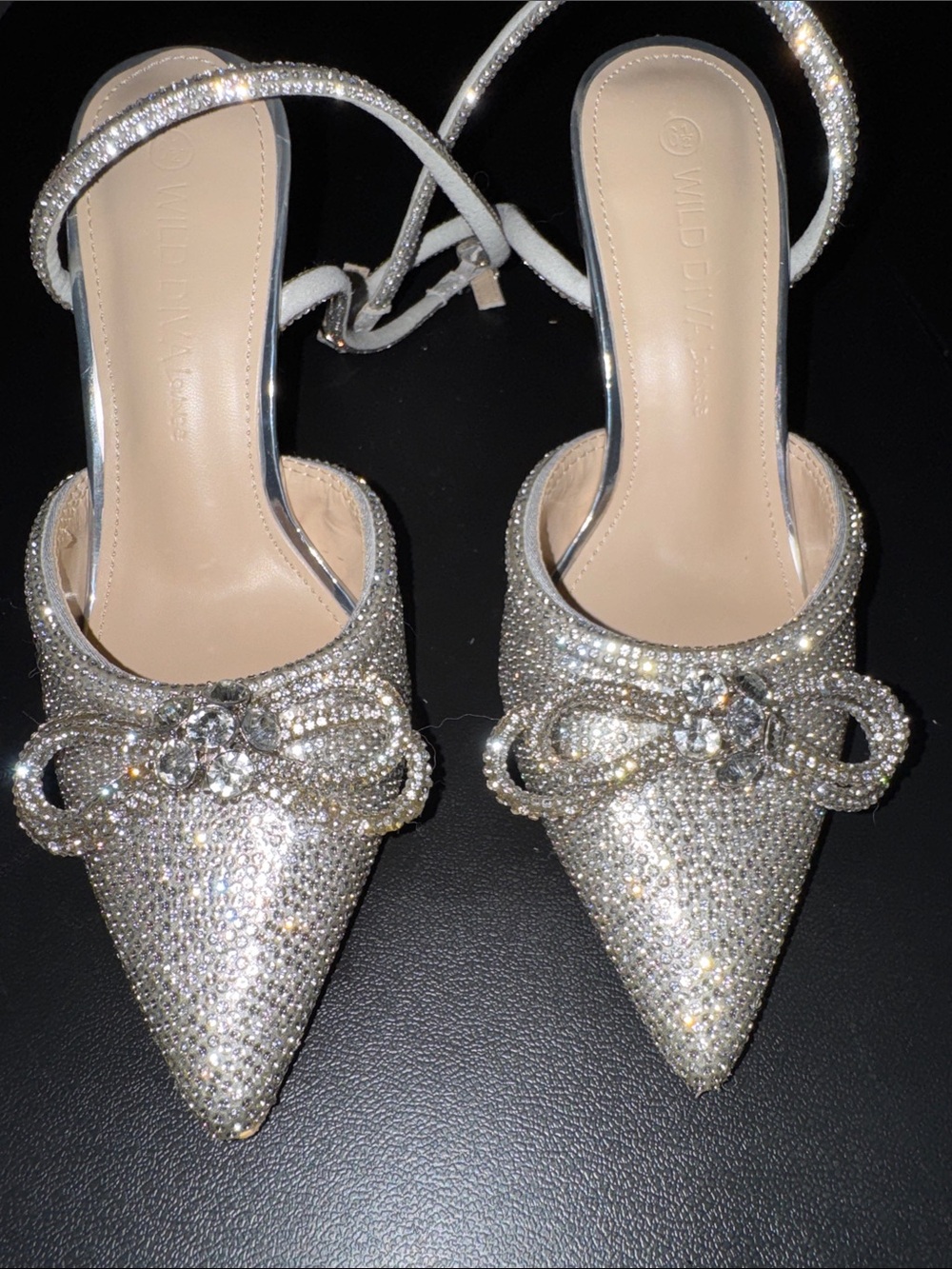 DIVA Lounge Silver Crystal Bow Pointed Slingback Heels